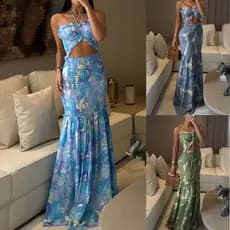 Cross-Border 2026 primavera verão novo estilo Halterneck impresso vestido plissado INS Casual solto vestido de férias