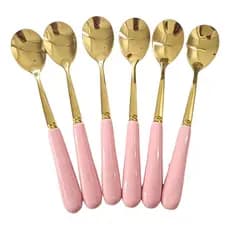 Colher De Cha 6 Peças Talheres Dourado com Rosa cabo de ceramica esmaltada 12 Cm