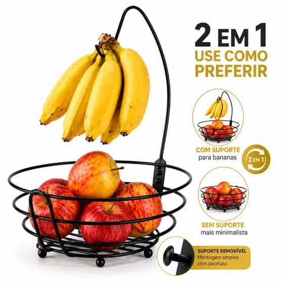 Fruteira Aramada 2x1 Redonda Com Suporte Cesta Para Banana Movel Preta Cesta Organizador De Frutas