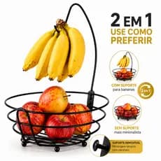 Fruteira Aramada 2x1 Redonda Com Suporte Cesta Para Banana Movel Preta Cesta Organizador De Frutas