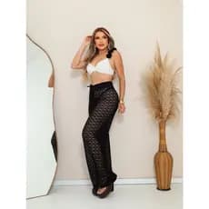 MONNEI Calça Cintura com Cordão Pantalona Renda Saída de Praia
