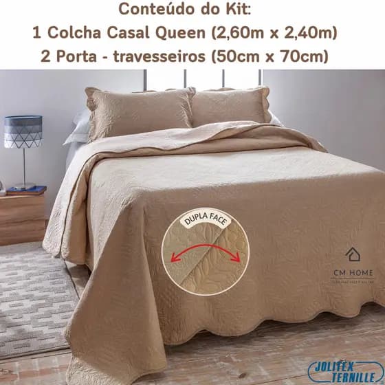 Colcha Cobre Leito Ultrasonic Jolitex Dupla Face 2,60x2.40 - 3 Peças - Bege - Noz Moscada