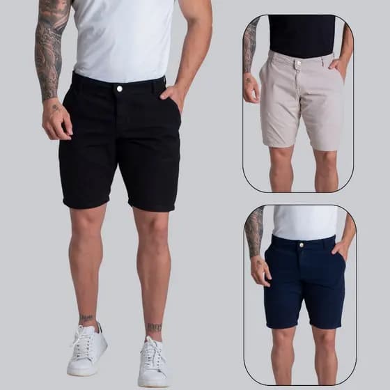 kit 3 Bermuda Chino de Sarja Social Alfaiataria Masculina Brim Jeans Varias Cores Original Premium Direto de Fábrica.