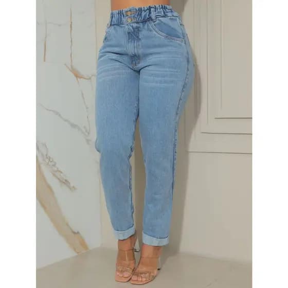 Calça jeans mom feminina elastico no cós marmorizada