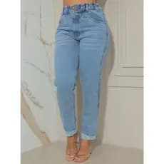 Calça jeans mom feminina elastico no cós marmorizada
