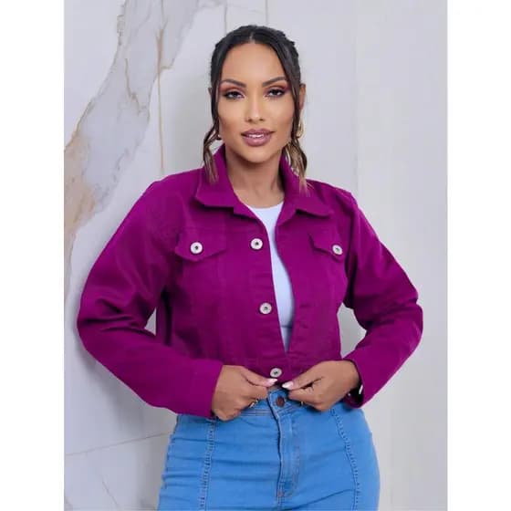 Jaqueta Jeans Cropped Feminina Botão de Ferro
