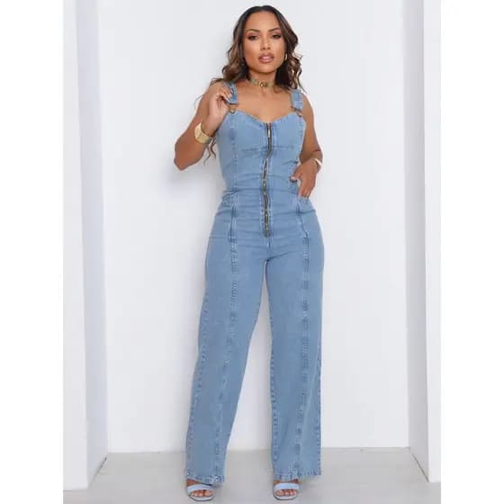 Macacão Jeans Feminino Zíper Frontal