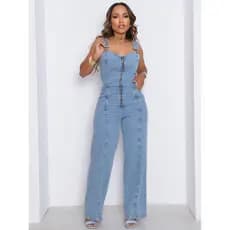 Macacão Jeans Feminino Zíper Frontal