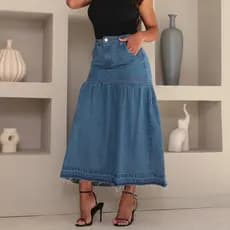 Saia Longa Jeans Com Babado