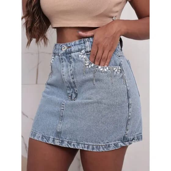 Saia Jeans Feminina com Brilho Chaton