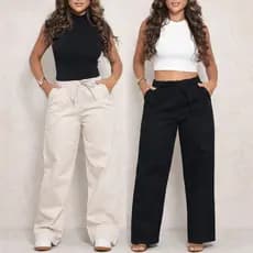 KIT 2 Calças Pantalona Jeans Cintura Alta Feminina Com Elástico Na Cintura 100% Algodão Kit Larga Casual