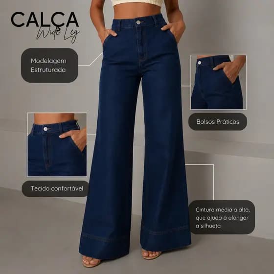 Calça Jeans Feminina Wide Leg 100% Algodão Casual Calça Larga Cintura Alta