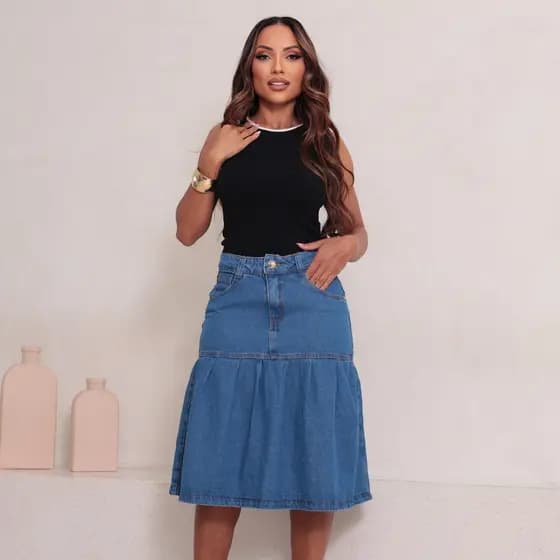 Saia Jeans Midi Feminina Cintura Alta Moda Blogueira