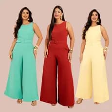 Macacão Feminino Longo Elegante Social Pantalona com Cinto Slim e Plus Size