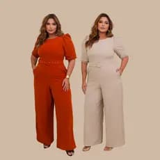 Encantos Macacão Feminino Longo Elegante Social Pantalona  Com Cinto e Manga Slim e Plus Size