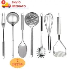 Kit Jogo de Utensilios de Cozinha 7 Peças 100% Inox Colher Concha Garfo Pegador de Alimentos