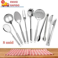 Conjunto Utensílios Cozinha Colher Concha Pegadores em Aço Inox Jogo Completo