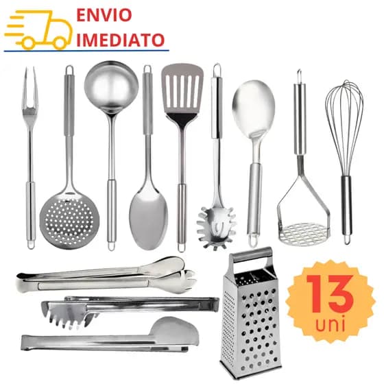 Jogo Kit de Utensilios de Cozinha Conjunto de Inox com 13 pçs Pegador Colher Concha
