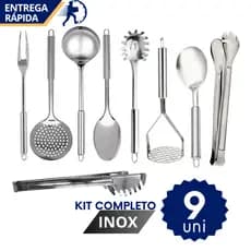 Kit Jogo de Utensílios de Cozinha Completo 9 pçs Inox Premium Escumadeira Concha Colher