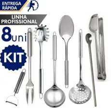 Kit de Utensílios Inox 8 pçs Completo com Descascador Legumes Pegador Carne Restaurante Self Service