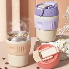 Copo de bebida dupla de aço inoxidável Copo de café feminino portátil e criativo Copo de café casual Copo de presente fixo canudo copo de água para estudantes