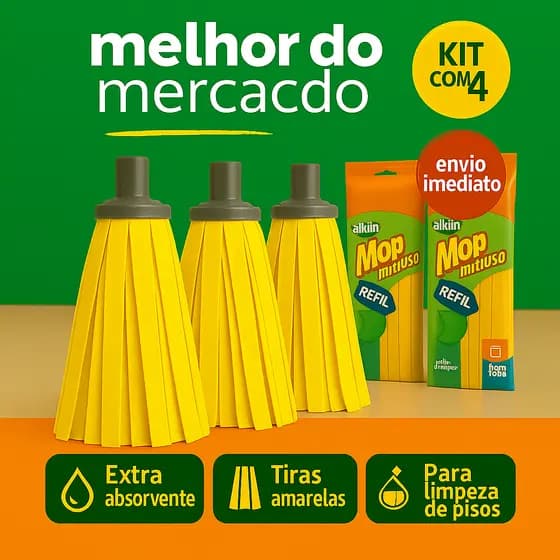 kit 4 Refil Para Mop Tiras Multiuso Amarelo Esfregão Limpeza Secar Absorvente Extra Casa Banheiro