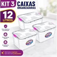 kit 3 Caixas Transparente Organizadoras 12L Cesto Com Travas Brinquedos Ferramentas Roupas Alimentos