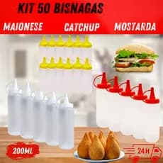 Kit 50 Bisnagas Molho Catchup Maionese Mostarda Bisnaga 200ml Lanchonete Bar Restaurante Plástico