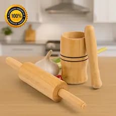 Kit 2 Peças Rolo De Madeira Para Massas Pão Pizza Macarrão 1 Pilão Com Socador Alho Cozinha Restaurante Padaria