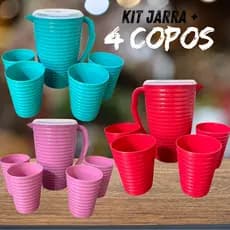 Jarra De Plástico com Tampa + 4 Copos 350ml Suco Água Resistente Domestico Geladeira Cozinha