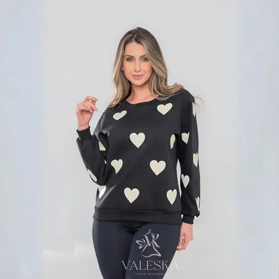 Blusa Moletom Feminino  de coracao Flanelado Blusa de Frio feminina gola o Algodão moletom feminino
