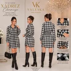 Vestido Feminino Camisão Xadrez Manga Longa com Botões | Moda Gringa Festa Junina Moda INVERNO
