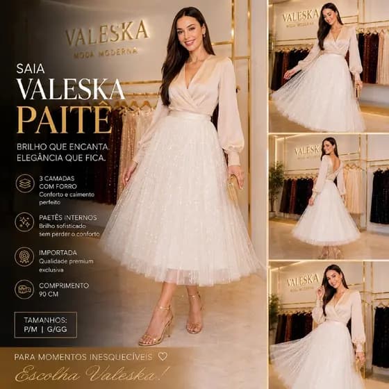 Saia Tule Paetê Feminina Luxo Brilhante 3 Camadas Elegante Premium Festa Moda Gringa INVERNO 2026