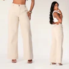 calça feminina wide leg pantalona linho alfaiataria social e jeans com bolso na frente lisa  cos alto