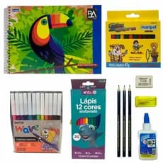 Kit escolar Infantil Caderno Lápis Borracha Giz Cola Apontador Canetinha