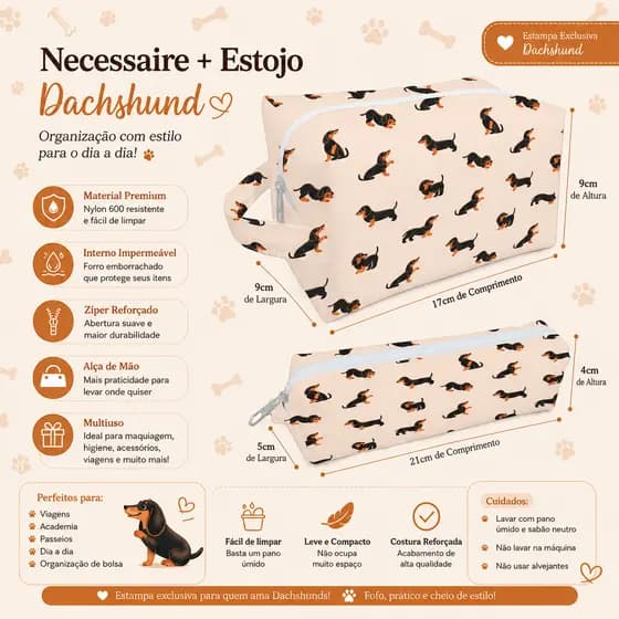 Bolsinha Salsicha Estojo Maquiagem Organizador Necessaire Cachorro Dachshund Bege Estampa Pet Lovers