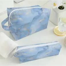 Necessaire Feminina e Estojo Estampado Azul Claro Aquarela com Detalhes Dourados Organizador Para Bolsa e Viagem