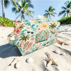 Necessaire Feminina Verão com Estampa de Mala Praia e Elementos Tropicais Porta Objetos Para Férias e Viagem