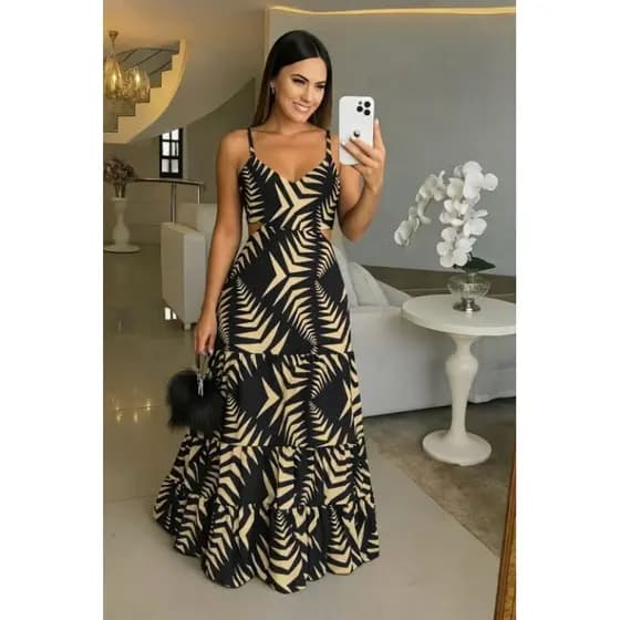 Vestido Longo Maria Duna com Forro e Zíper nas Costas