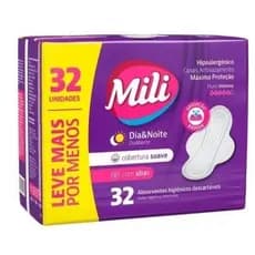 Absorvente Mili Dia e Noite 32 Unidades Suave Absorção Rápida com Abas