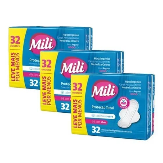 Kit 3 Absorvente Mili Proteção Total Suave com Abas 32un
