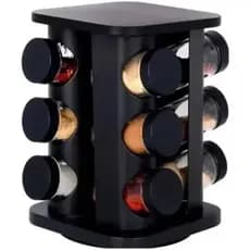 Porta Temperos e Condimentos de Inox Quadrado cor Preto com 12 Potes de Vidro e Base Giratória