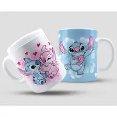 Caneca Porcelana Stitch, Angel, Lilo E Stitch Azul 325ML