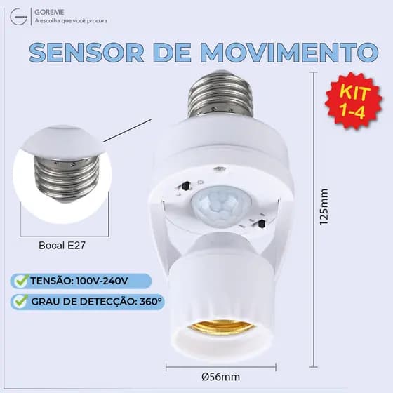 Sensor de Movimento para lâmpada Soquete E27 c/ sensor de presença Bivolt 110V~220V Max 60W