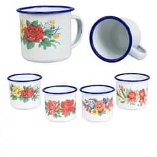 Caneca Esmaltada BRANCA DECORADA kit 6 unidades xicara retro 80ml