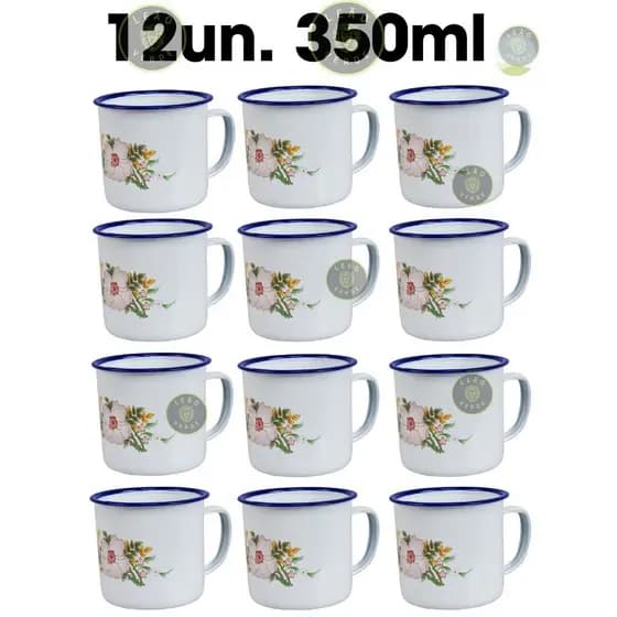 KIT 12 Canecas Esmaltadas De 350 Ml  BRANCA DECORADA Estampada Canecas De Café