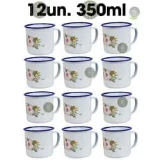KIT 12 Canecas Esmaltadas De 350 Ml  BRANCA DECORADA Estampada Canecas De Café