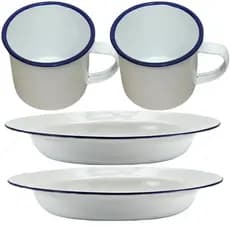 Kit Prato Fundo 22cm e Caneca Esmaltada 350ml Branco Roça Vó Retro café chá Acampamento Religioso