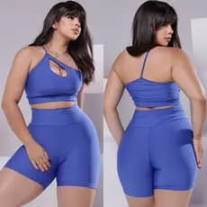 Conjunto Fitness Feminino Suplex Top Gota Uma Alça + Short Cintura Alta Levanta Bumbum Meia Coxa Academia