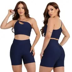 Conjunto Fitness Feminino Academia Gota Uma Alça Short Levanta Bumbum Cintura Alta Plus Size